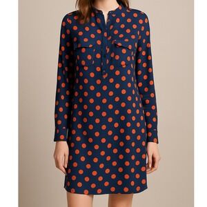 GAP‎ Womens Medium Navy Orange Polka Dot Long Sleeve Mini Shirt Dress